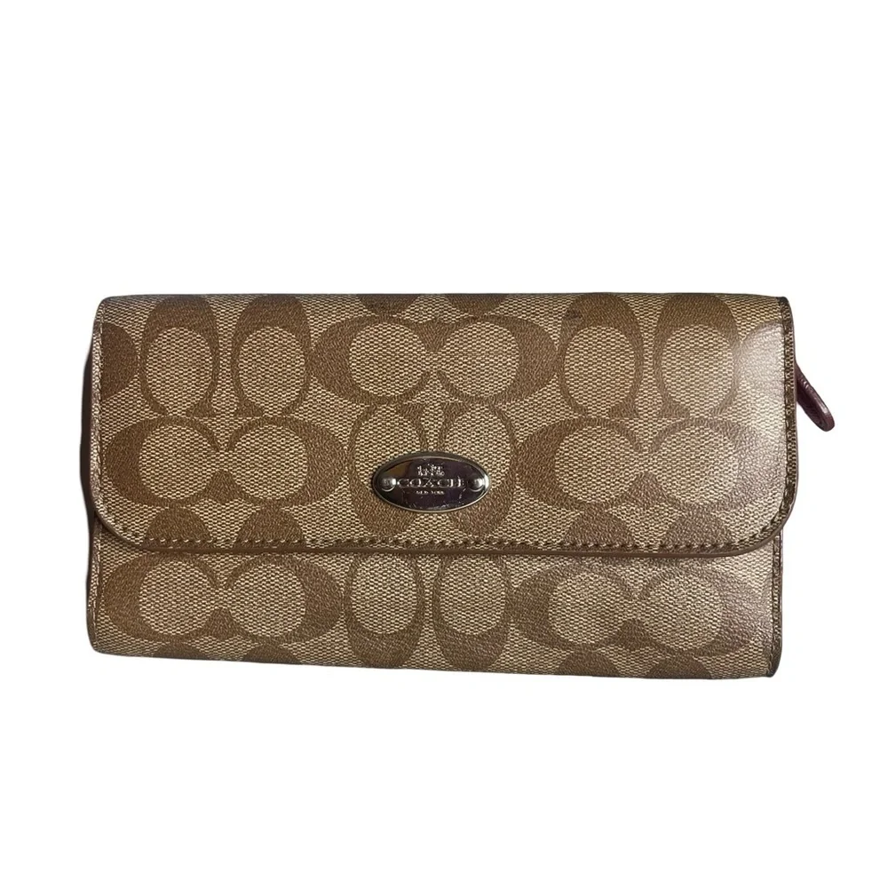 Coach Tan/ pink Signature Clutch snap Wallet with matching detachable checkbook